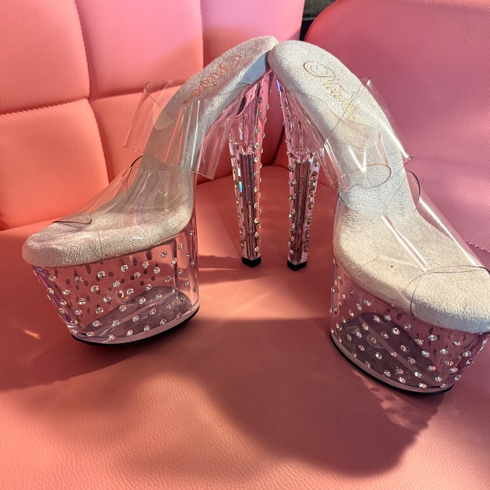 Pleaser 7" Stardust #702- Clear Rhinestone-Studded Slides- Size 9